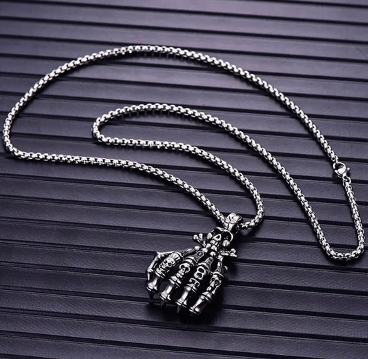 SKULL HANDS Pendant Necklace Chain Titanium Silver Gothic Punk Biker Men