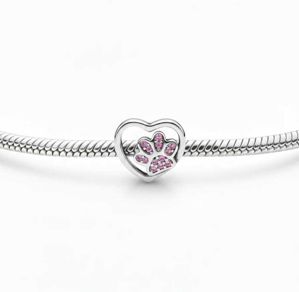 Pink paw print heart charm S925 sliver