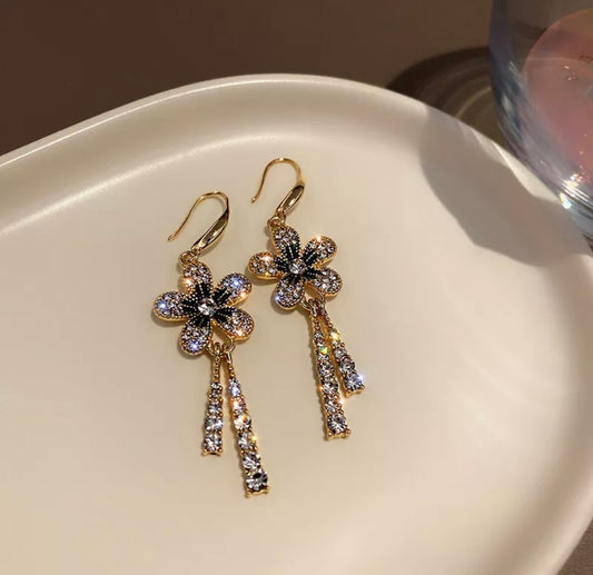 Silver Flower Crystals Drop Gold Stud Earrings