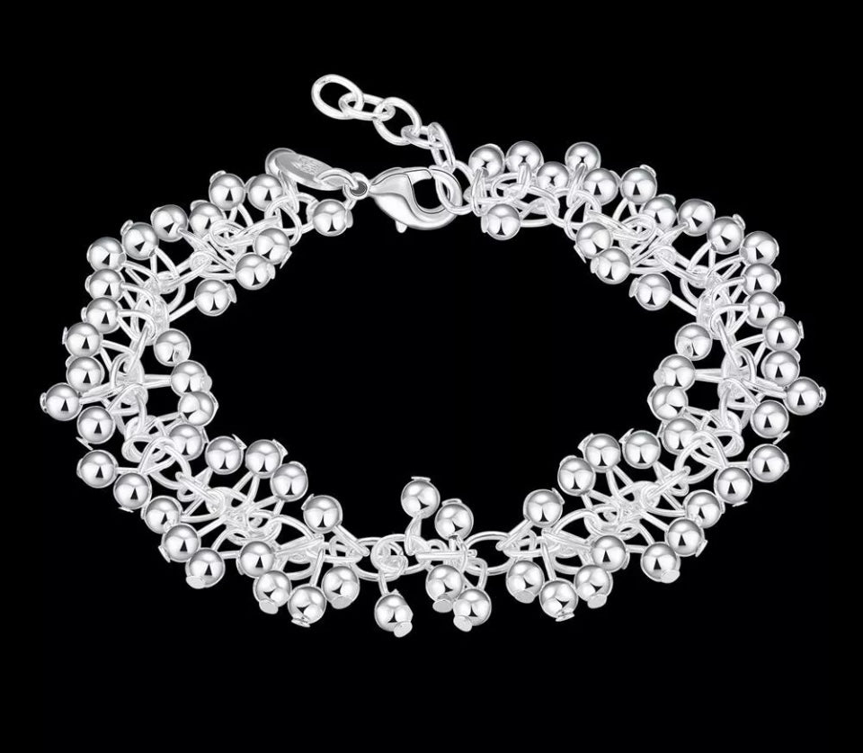 Silver Ball Bracelet Chain Link Grape Bead 7.75" Free Gift Bag