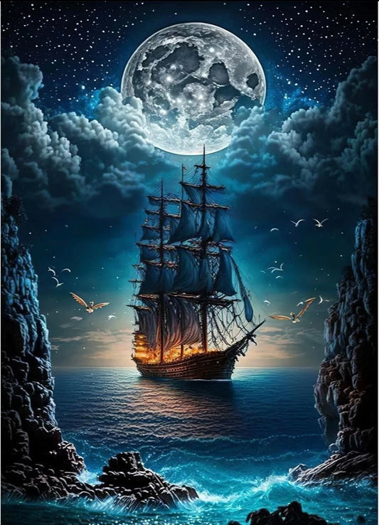 DAERLE Ship Moon Diamond Art Painting Kits for Adults, DIY 5D