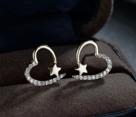 Silver Crystal Heart Star Stud Earrings