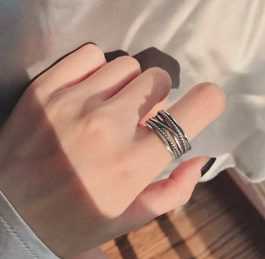 Mens Braided Twisted Rope Adjustable Ring Silver