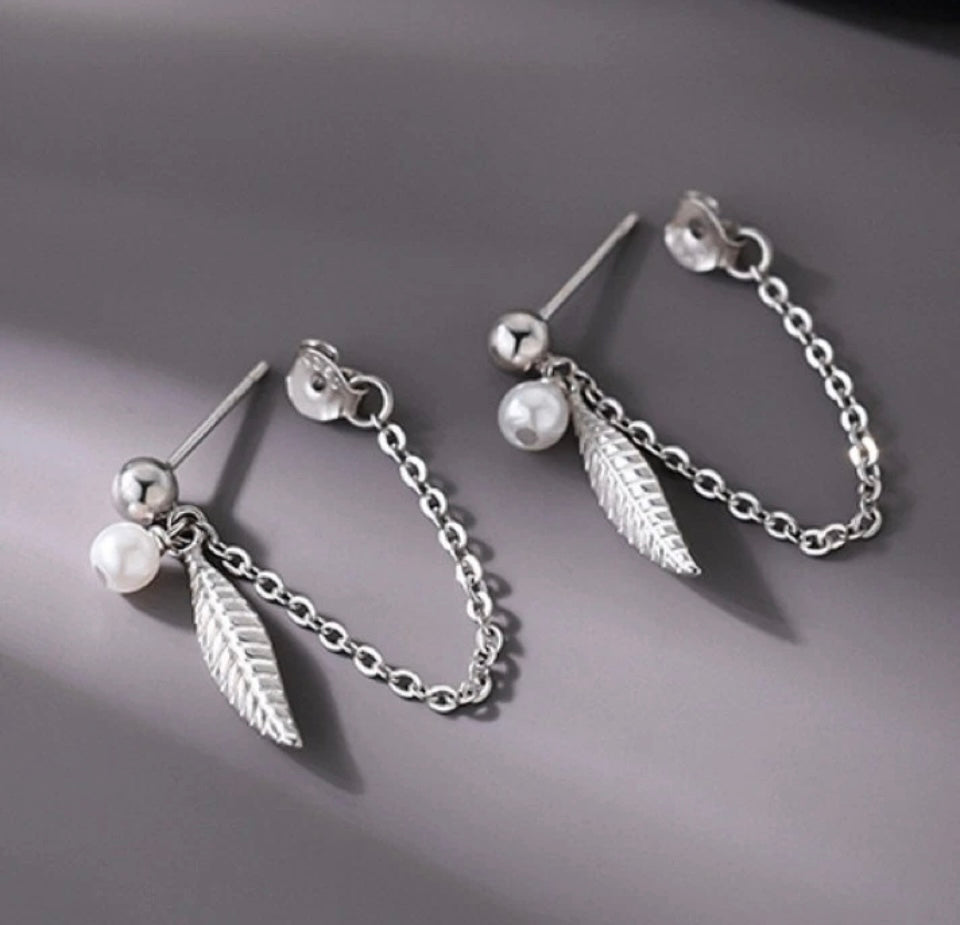 925 Sterling Silver Pearl Feather Drop Earrings