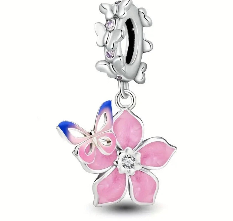 Butterfly & Cherry Blossom Charm For Bracelets S925 Sterling Silver
