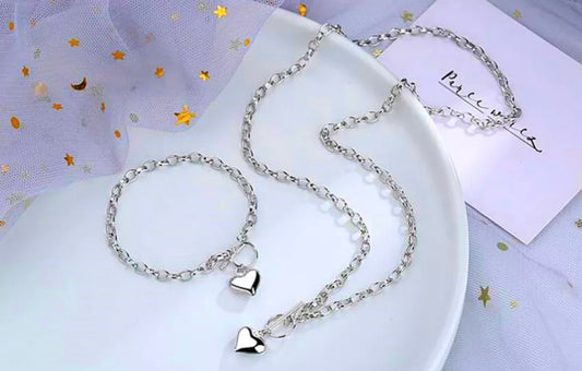 Heart Pendant Silver Plated Chain Necklace and Bracelet set