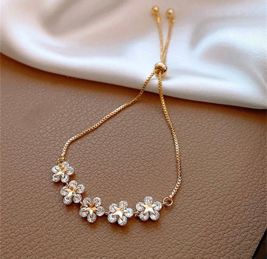 Gold Flower Bracelet Women – Adjustable Crystal Slider