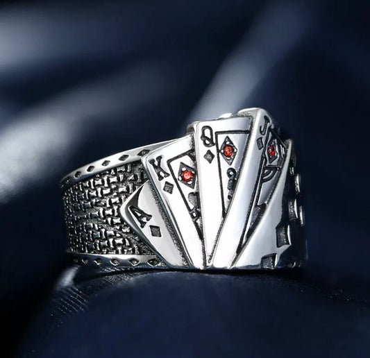 Men's Ring Adjustable Carved Playing Card Poker Casino Stainless Steel Silver