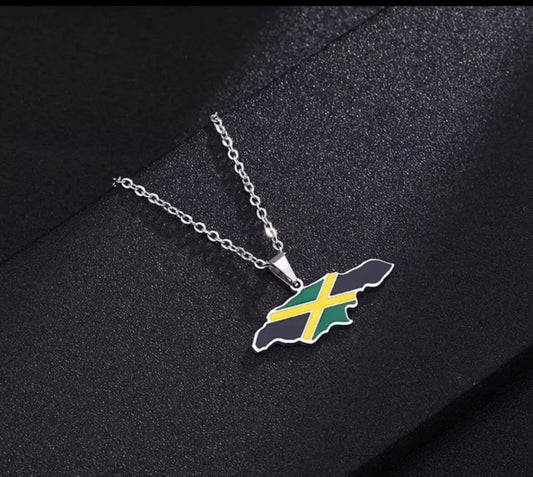 Jamaica Flag Stainless Steal Pendant Chain Jamaican Caribbean Silver