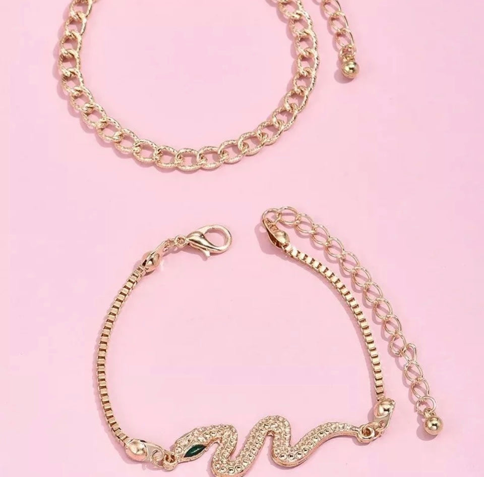 Womens Bracelet Gold Silver Stainless Steel Snake Cuban Link Chain 2pc Gift Set