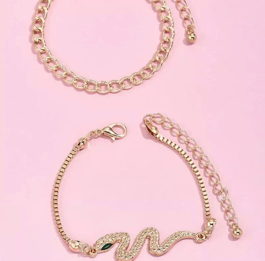 Womens Bracelet Gold Silver Stainless Steel Snake Cuban Link Chain 2pc Gift Set