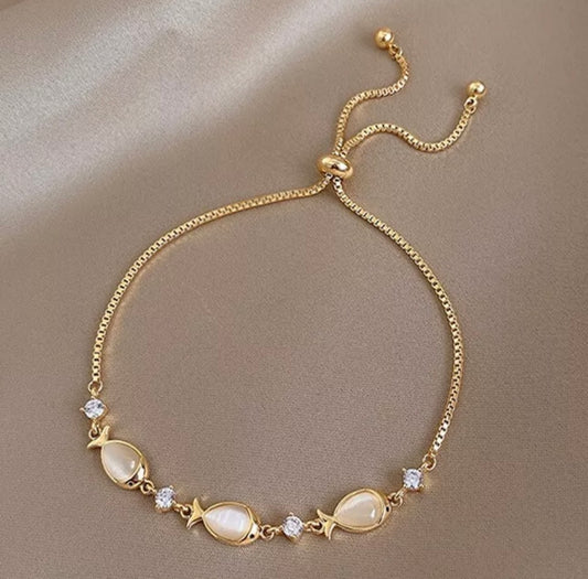 Silver Moonstone Fish Opals Gold Bracelet