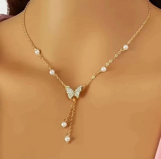 Rhinestone & Faux Pearl Butterfly Gold Tone Pendant Necklace