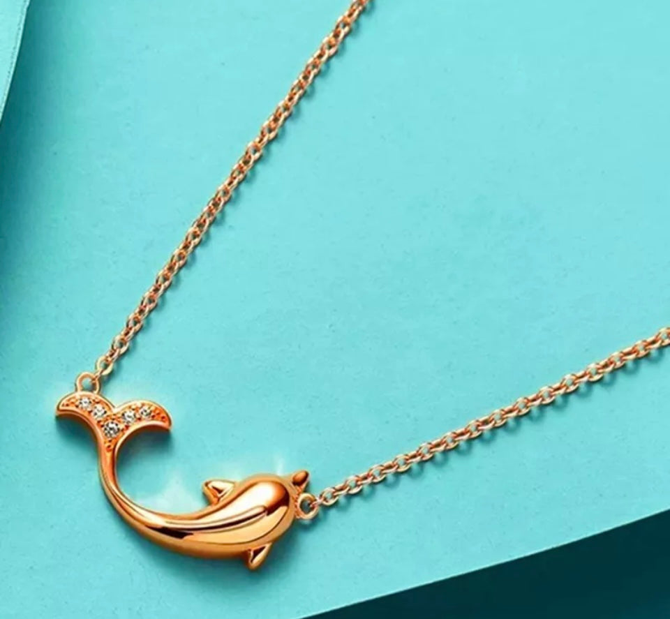 Crystal Rose Gold Dolphin Pendant Silver Necklace