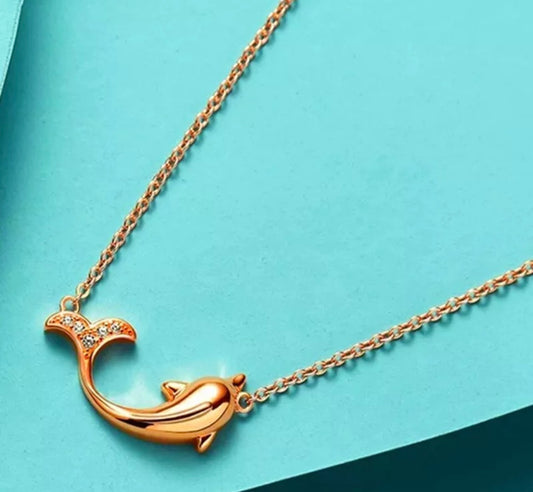 Crystal Rose Gold Dolphin Pendant Silver Necklace