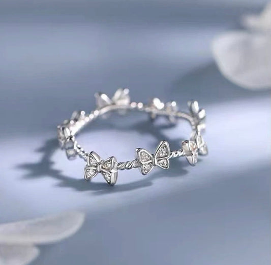 925 Sterling Silver Crystal Butterfly Linked Adjustable Ring