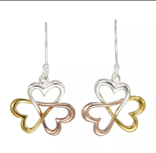 925 Silver Tri colour Heart Hook Dangly Drop Earrings RRP£29 Boxed