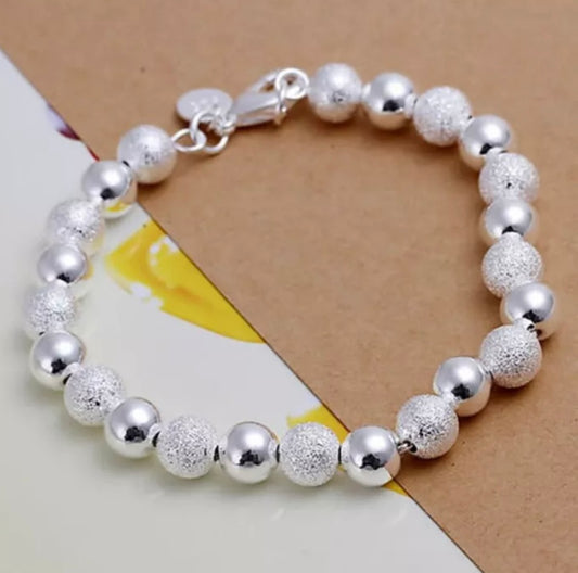 Silver Bracelet 8mm Ball Bead Textured & Smooth Free gift Bag