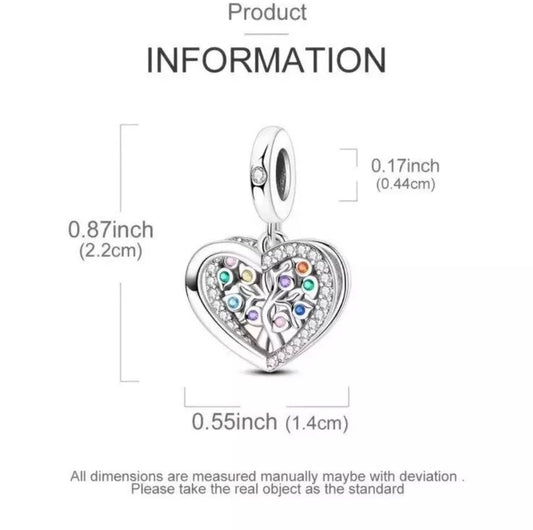 Sparkling Tree of Life Heart Charm For European Bracelets S925 Sterling Silver