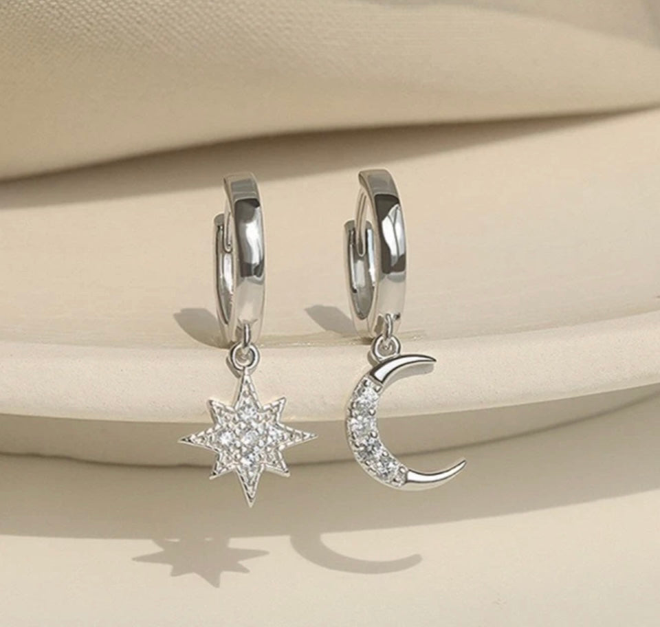 925 Sterling Silver Star Moon Asymmetric Crystal Stud Earrings Gift Womens