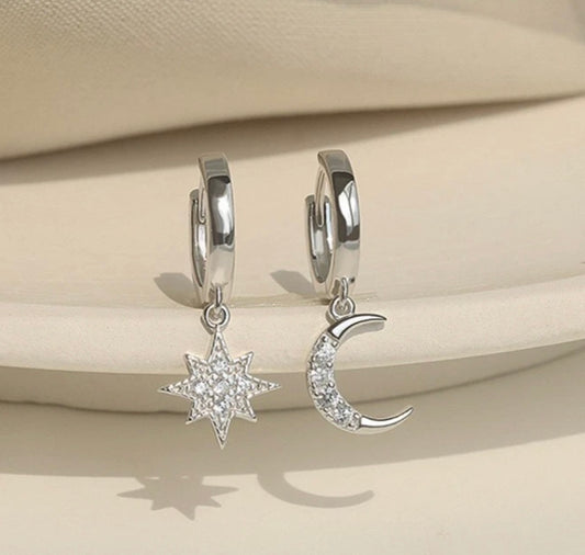 925 Sterling Silver Star Moon Asymmetric Crystal Stud Earrings Gift Womens