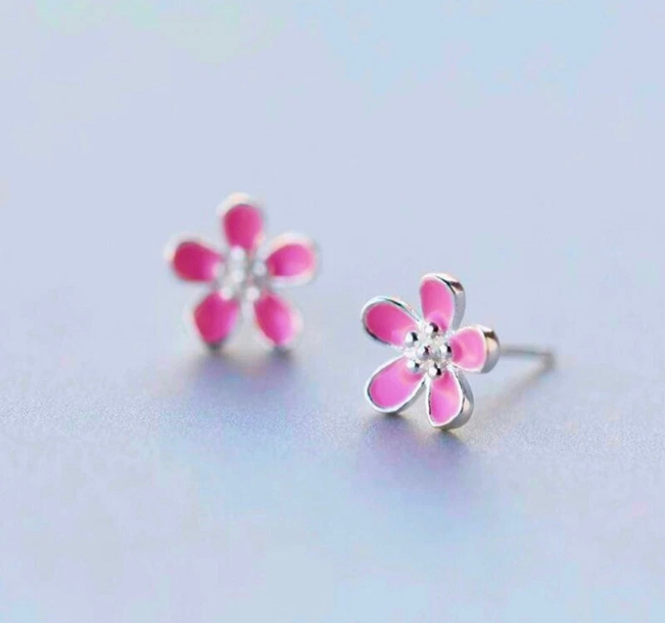 Pink Cherry Flower Earrings Stud Silver