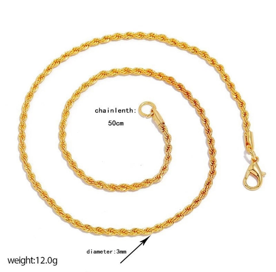 18K Gold Plated 3mm Minimalist Statement Twist Rope Chain Premium Look Necklace