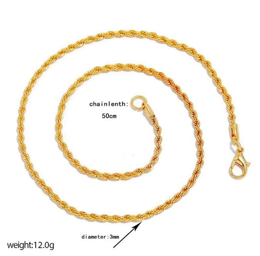 18K Gold Plated 3mm Minimalist Statement Twist Rope Chain Premium Look Necklace