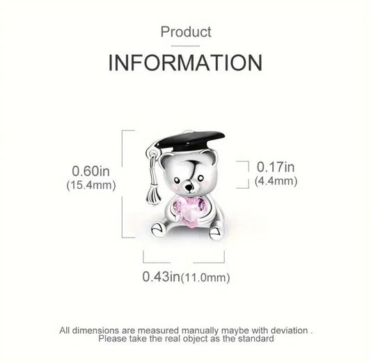 Graduation Bear & Pink Heart Charm For European Bracelets S925 Sterling Silver