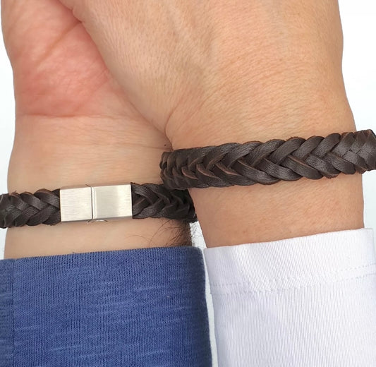 Large Mens Leather Bracelet Braided Surfer Wristband Steel Magnetic Clasp