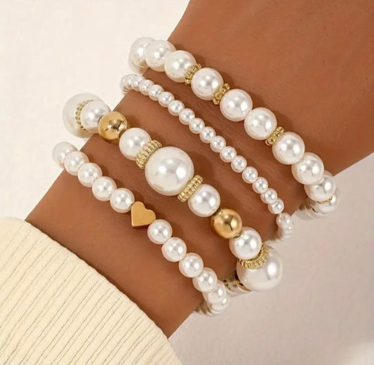 4psc Set Women’s Faux Pearl Beaded Gold Bangle Bracelet set