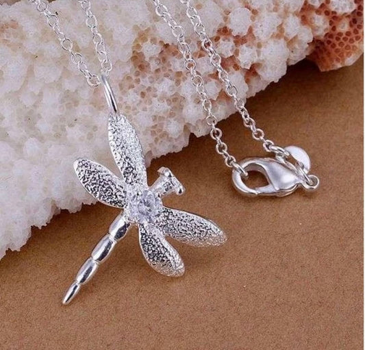 Silver Dragonfly Necklace Crystal Pendant on Chain Free Gift Bag