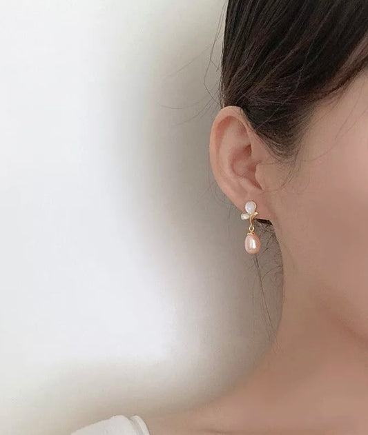 Silver Butterfly Pink Pearl Gold Drop Stud Earrings