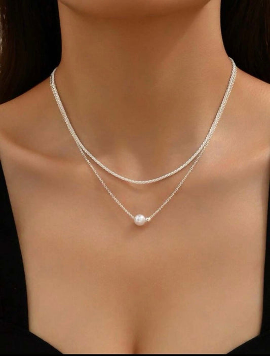 Fashion Jewellery Double Layer Faux Pearl Choker Necklace Silver