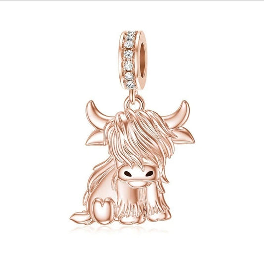 Rose Gold Scottish Highland Dangle Cow Charm For Bracelets S925 Sterling Silver