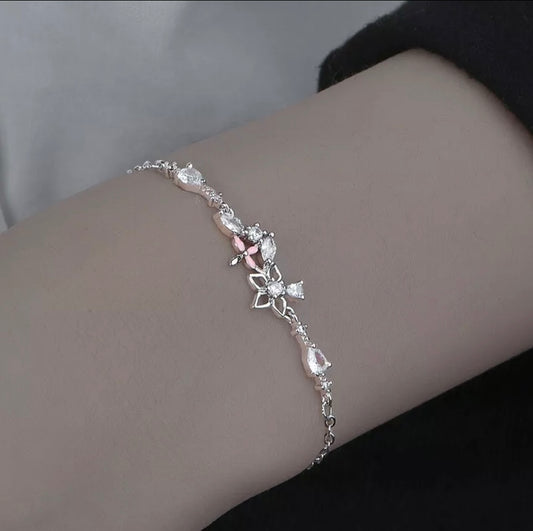 Silver Chains Pink Flower Crystals Bracelet
