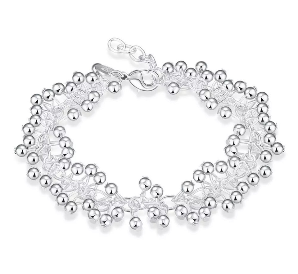 Silver Ball Bracelet Chain Link Grape Bead 7.75" Free Gift Bag