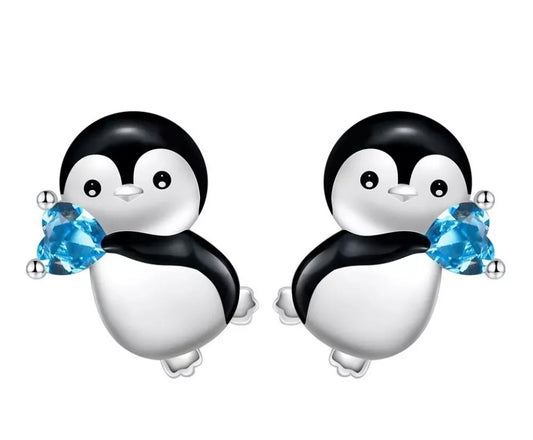 Cute Silver Baby Penguin Stud Earrings, Cubic Zirconia Heart Gem