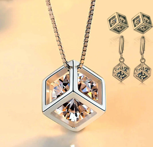 Cube Stone Pendant 925 Sterling Silver Chain and Earrings