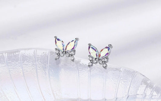 Silver Mini Butterflies Crystals Stud Earrings