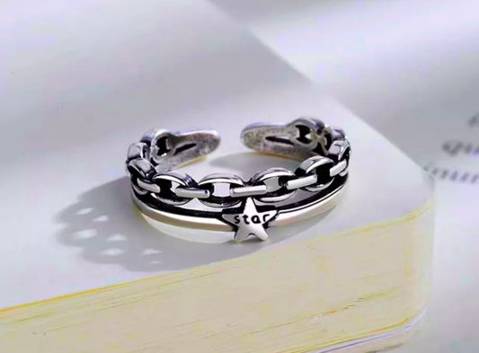 Vintage Star Twist Rope Adjustable Ring Silver