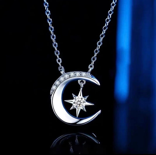 Crystal Moon Star Pendant Silver Necklace