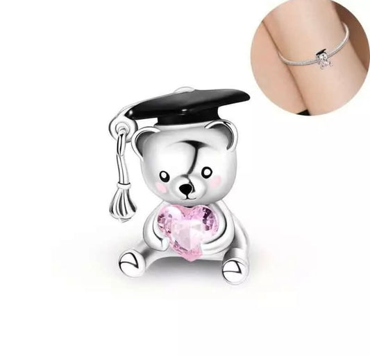 Graduation Bear & Pink Heart Charm For European Bracelets S925 Sterling Silver