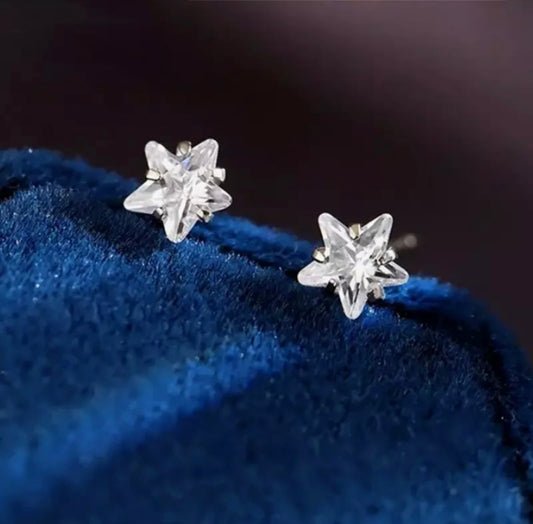 Silver Crystal Star Ear Stud Earrings