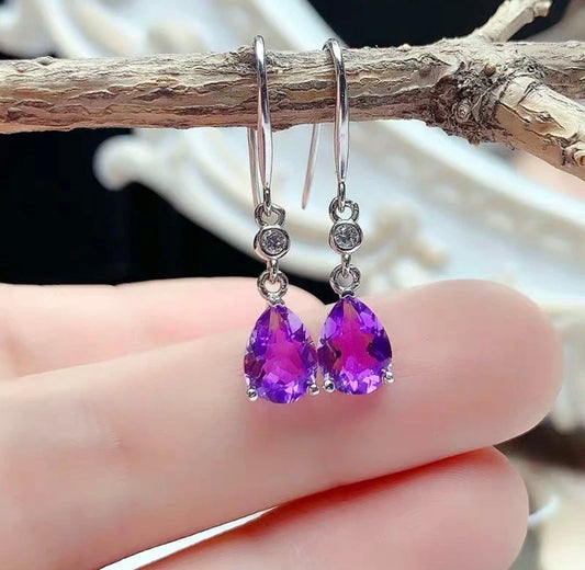 Purple pear halo drop earrings
