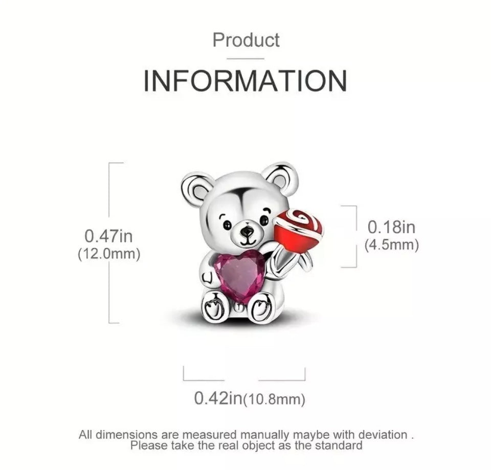 Cute Bear Love Heart With Rose Charm For European Bracelets S925 Sterling Silver