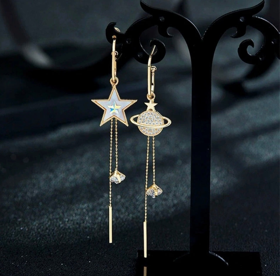 925 Sterling Silver Gold Star Planet Asymmetric Crystal Stud Earrings Gift