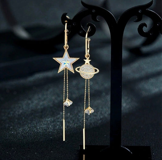 925 Sterling Silver Gold Star Planet Asymmetric Crystal Stud Earrings Gift