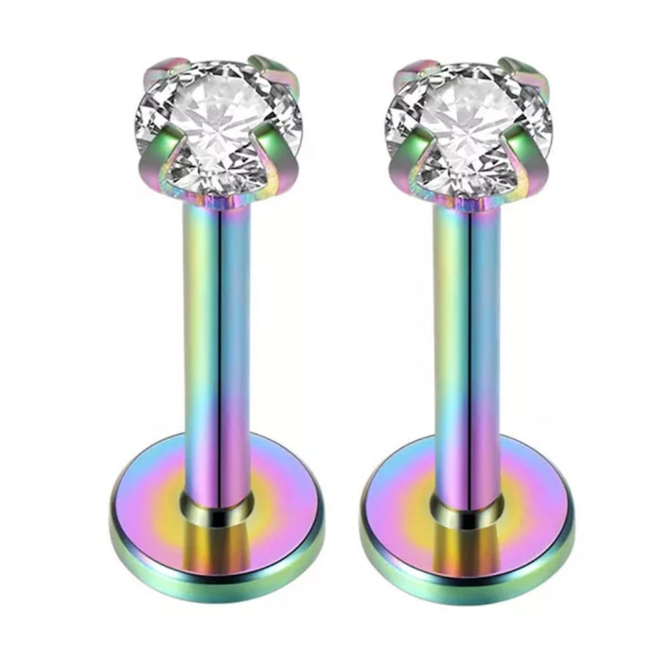 Pair Piercing Labret Monroe Lip/body CZ Tragus Cartilage Helix Upper Stud length 6mm rainbow
