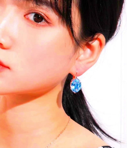 Crystal Blue Oval Stone Stud Earrings Silver